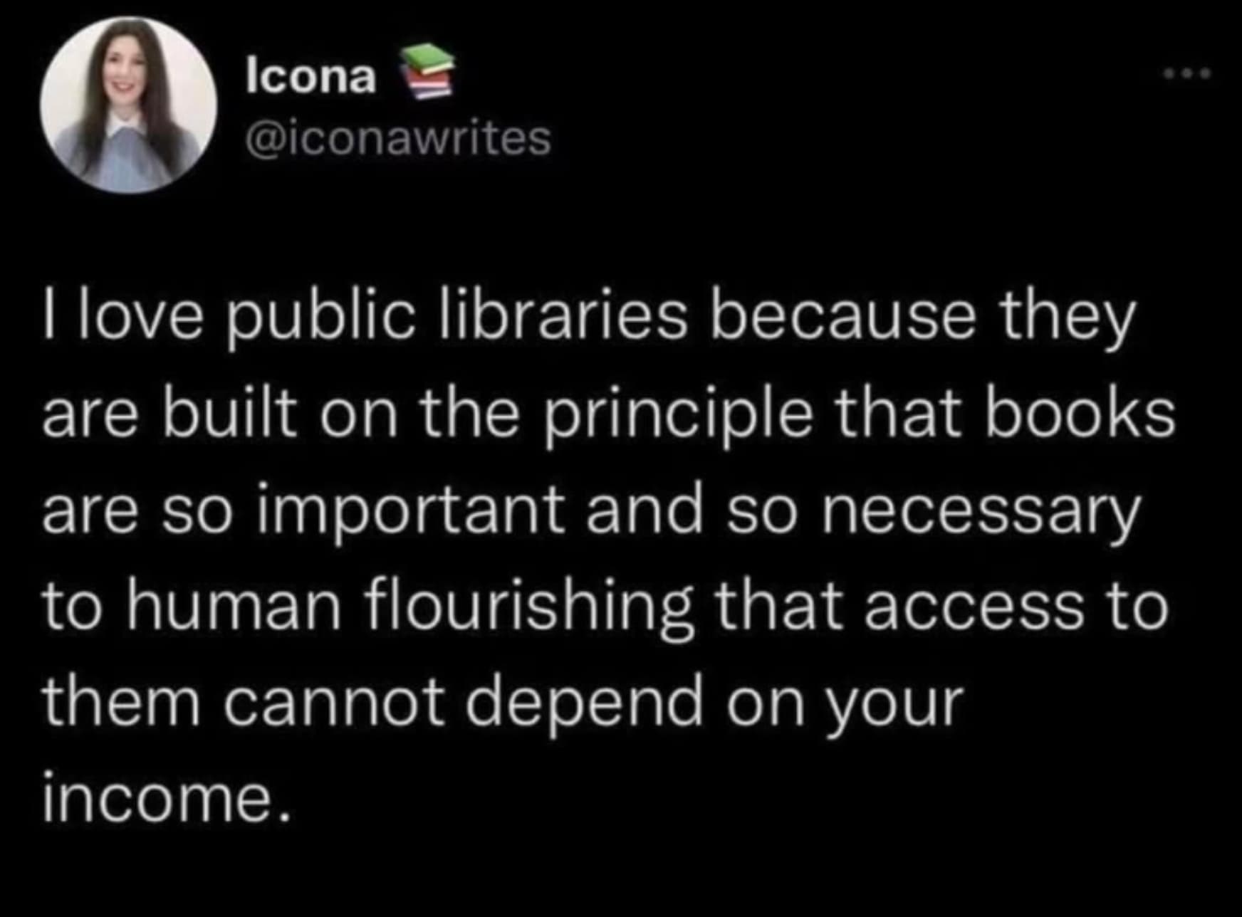 screenshot - Icona I love public libraries because they are built on the principle that books are so important and so necessary to human flourishing that access to them cannot depend on your income.